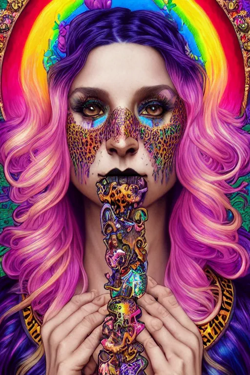 Image similar to a portrait of the lisa frank leopard print rainbow goddess from walmart, intricate, gothic, highly detailed, digital painting, crown of skulls, artstation, smooth, sharp focus, illustration, art by artgerm and greg rutkowski and alphonse mucha and william - adolphe bouguereau