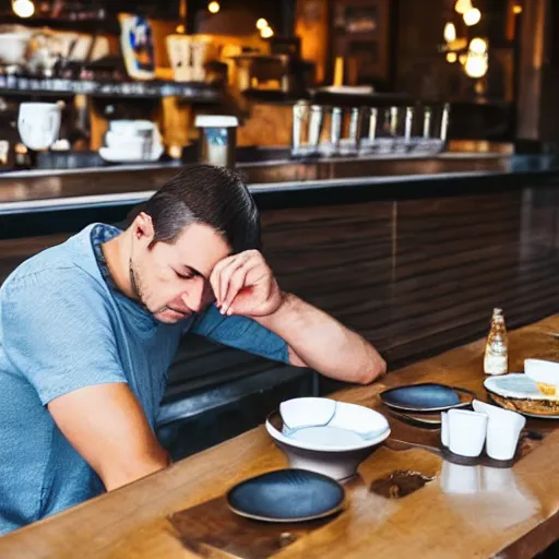 Prompt: sleepy guy in romanian coffee shop having breakfast, style of sabin balasa