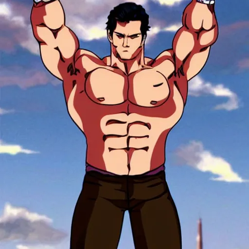 Prompt: still of henry cavill with a very muscular body type, anime art, anime style