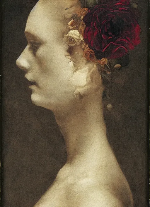 Image similar to a womans face in profile made of roses and ivory in the style of the dutch masters and gregory crewdson dark and moody