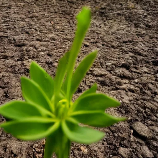 Image similar to a single sprout grows in a barren desert, low angle 8k HD nature photo