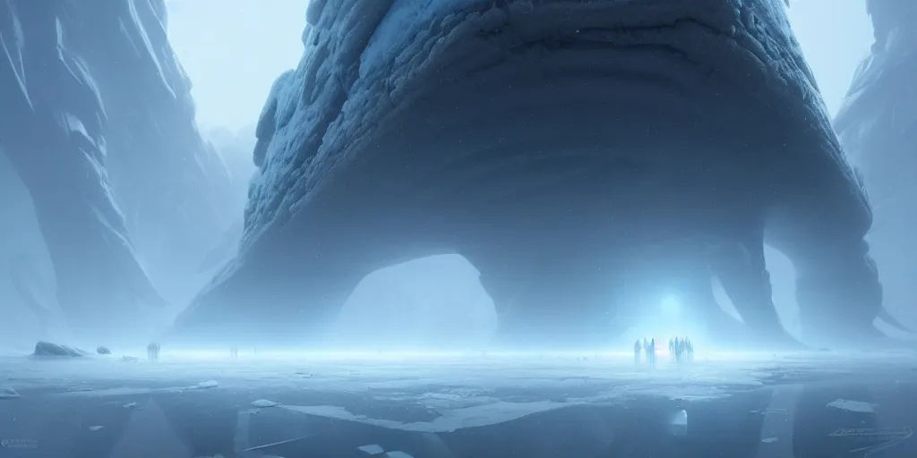 Image similar to strange surface of icy alien planet at dawn, misty, ultra high definition, ultra detailed, symmetry, sci - fi, by greg rutkowski and ross tran