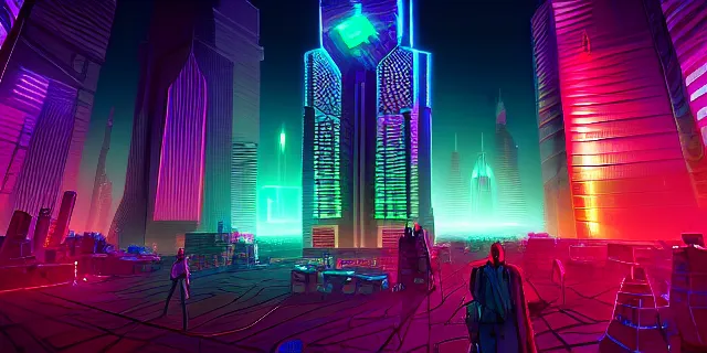 Image similar to glowing cubes, in the middle of a futuristic cyberpunk dubai city, in the art style of dan mumford and marc simonetti, atmospheric lighting, intricate, volumetric lighting, beautiful, sharp focus, ultra detailed