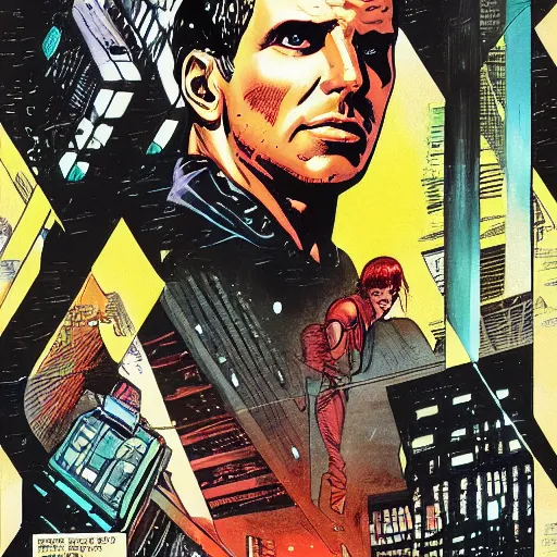 Prompt: blade runner, comic book by pepe moreno, 1 9 9 0