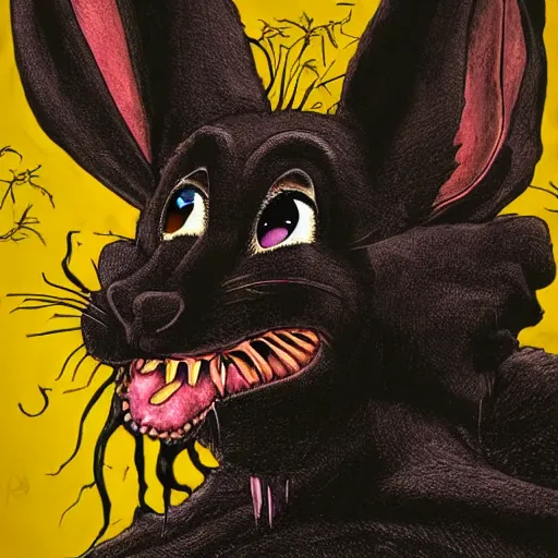 Image similar to A extremely highly detailed majestic hi-res beautiful, highly detailed head and shoulders portrait of a scary terrifying, horrifying, creepy maniacal crazy black cartoon rabbit with scary big eyes, earing a shirt laughing maniacally , let's be friends, in the style of Walt Disney