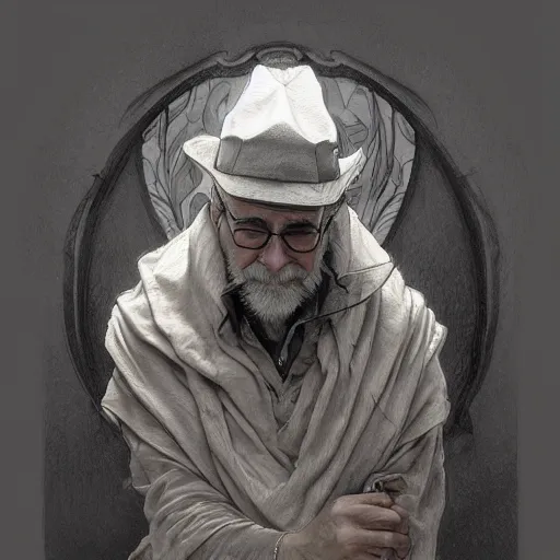 Image similar to beautiful lifelike award winning pencil illustration of terry pratchett trending on art station artgerm greg rutkowski alphonse mucha museum quality cinematic atmospheric