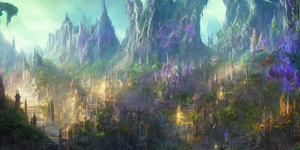 Image similar to bright elven city, gardens, beautiful, mystical, high fantasy, rpg, dungeons and dragons, adventure, environment, smooth, sharp focus, deviantart, artstation