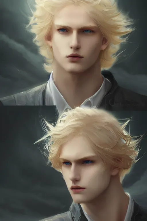 Prompt: digital art of a pale menacing male Cyborg Angel of Battle with fluffy blond curls of hair and piercing eyes, johan liebert mixed with Dante, central composition, he commands the fiery power of resonance and wrath, very very long blond curly hair, baroque curls, by WLOP, Artstation, CGsociety