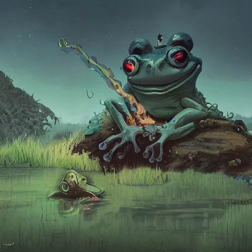 Prompt: Frog Frog Frog Frog crapaud kaeru Demon Knight Hero resting in marshlands Ishbel Myerscough greg rutkowski sam spratt Peter Kuhfeld simon stalenhag enki bilal beeple james gilleard Illustrated Colored Pencil