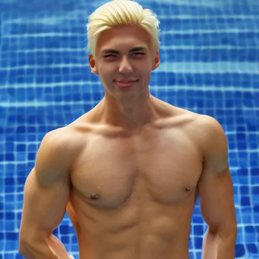 Image similar to a handsome man with blonde hair, ken, who is a male android, muscular, wearing a cut - off pink top and short light orange shorts, stands by a swimming pool, facing forward