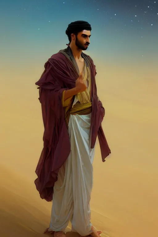 Image similar to full figure beautiful young fit arabic man, dressed with multicolored fluent clothes, luminous scene, by greg rutkowski and alphonse mucha, d & d character, gradient white to gold, in front of a dune desert background, highly detailed portrait, digital painting, artstation, concept art, smooth, sharp focus illustration, artstation hq