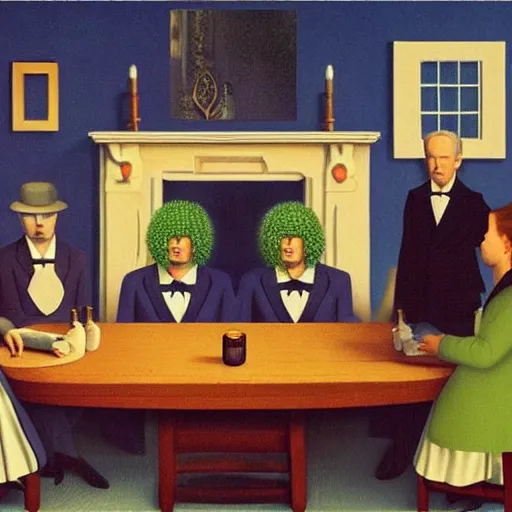 Prompt: A seance, by Raphael Hopper, and Rene Magritte. Extremely Highly detailed, Occult, funny, humorous, humor, hilarious, funny, entertaining, magical, trending on artstationHQ