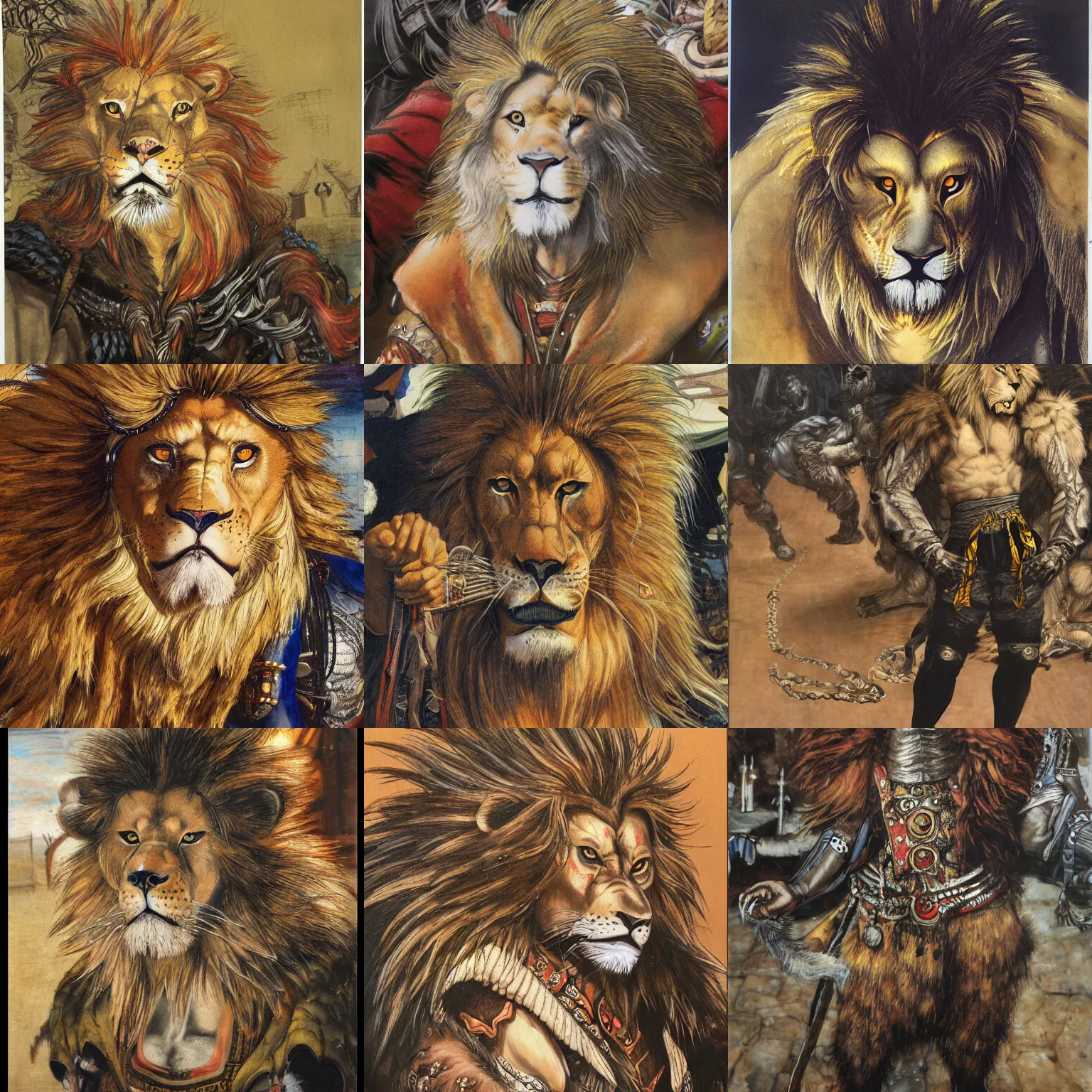 Prompt: 8k Yoshitaka Amano painting of upper body of a young cool looking lion beast-man at a medieval market at windy day. Depth of field. He has white mane, He is wearing complex tribal clothing. He has huge paws. Renaissance style lighting.