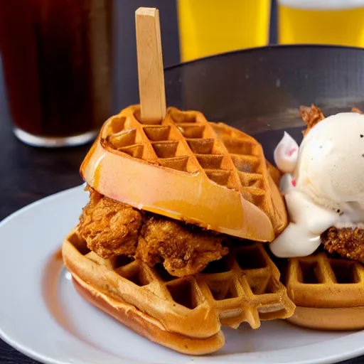 Prompt: photograph of a crispy Cajun fried chicken sandwich with Belgian Waffle Bun, maple syrup & hot fudge, ice cream on the side, 4K, HD