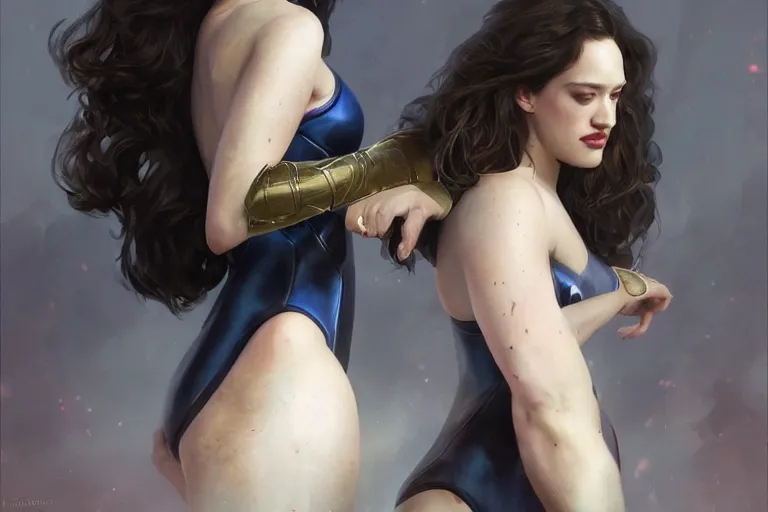 Prompt: A portrait of a Kat Dennings striking a heroic pose in a small leotard wide angle Ruan Jia and Mandy Jurgens and Artgerm and william-adolphe bouguerea, highly detailed, trending on artstation, award winning, H 768