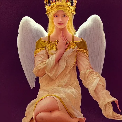 Image similar to Sitting angel girl that holding crown in hands, highly detailed, digital painting, artstation, concept art, smooth, sharp focus, illustration, ArtStation, Daz Studio, art by artgerm and greg rutkowski and alphonse mucha and J. C. Leyendecker and Edmund Blair Leighton and Katsuhiro Otomo and Geof Darrow and Phil hale and Ashley wood and Ilya repin and Charlie Bowate