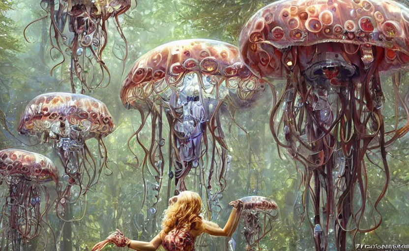 Prompt: Cyborg biomechanical jellyfish forest. By Konstantin Razumov, highly detailded