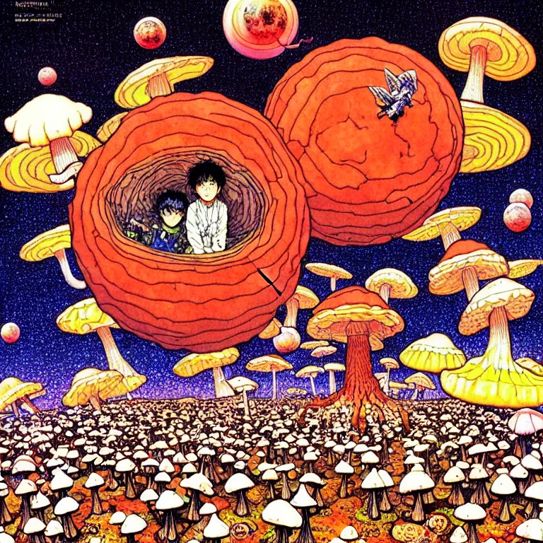 Image similar to cursed illustration of starship landing on planet of colorful mushrooms, manga style of kentaro miura, by norman rockwell, weirdcore