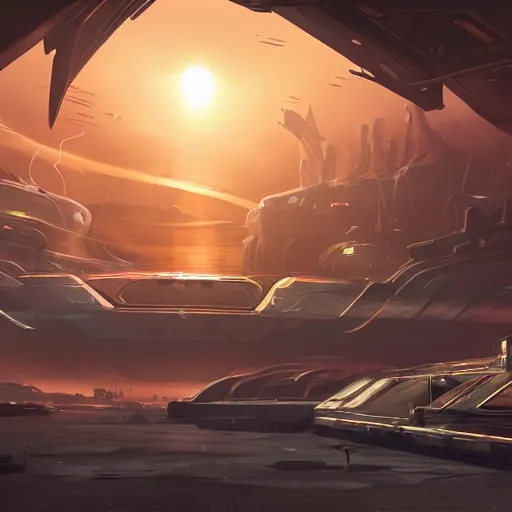 Prompt: a spaceport environment invaded by dark aliens, background art, pristine concept art, small, medium and large design elements, golden hour, in the style of WLOP and Ross Tran