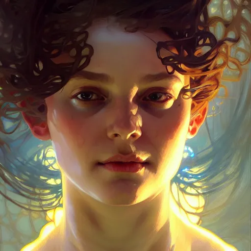 Image similar to Portrait of girl surrounded by floating nodes, face, fantasy, intricate, elegant, highly detailed, digital painting, artstation, concept art, smooth, sharp focus, illustration, art by Greg Manchess and Fernanda Suarez and Artem Demura and alphonse mucha