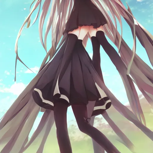 Image similar to anime, full body, arknights girl standing in the top of hill, pixiv, illustration