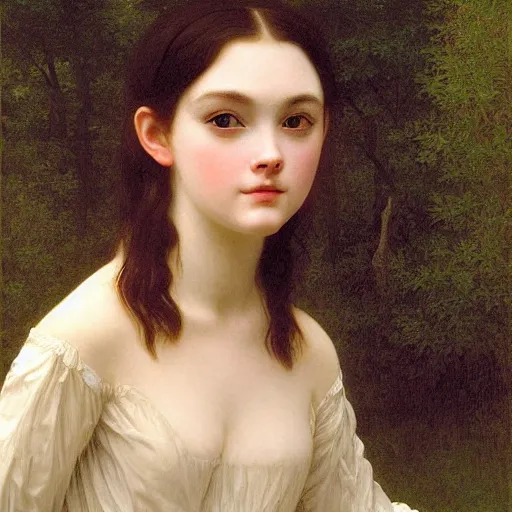 Image similar to A masterpiece head and shoulders portrait of Elle Fanning in front of a nightly bonfire by William Adolphe Bouguereau and Junji Ito