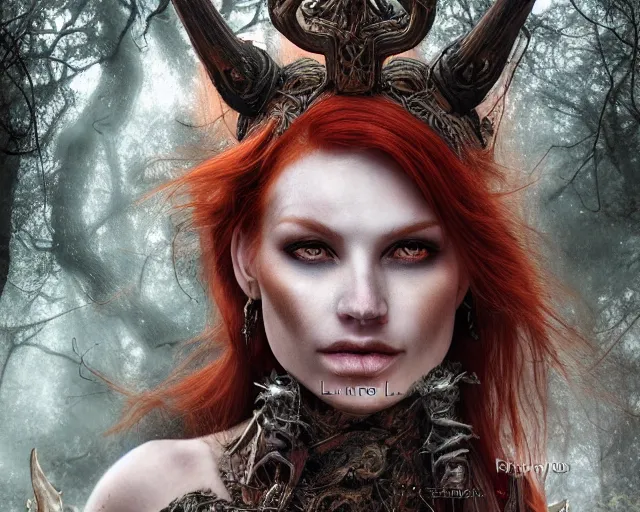Prompt: 5 5 mm portrait photo of an armored gorgeous anesthetic redhead woman warrior with a face tattoo and demon horns growing from her head, in a magical forest in the style of stefan kostic, art by luis royo. highly detailed 8 k. intricate. lifelike. soft light. nikon d 8 5 0. cinematic post - processing