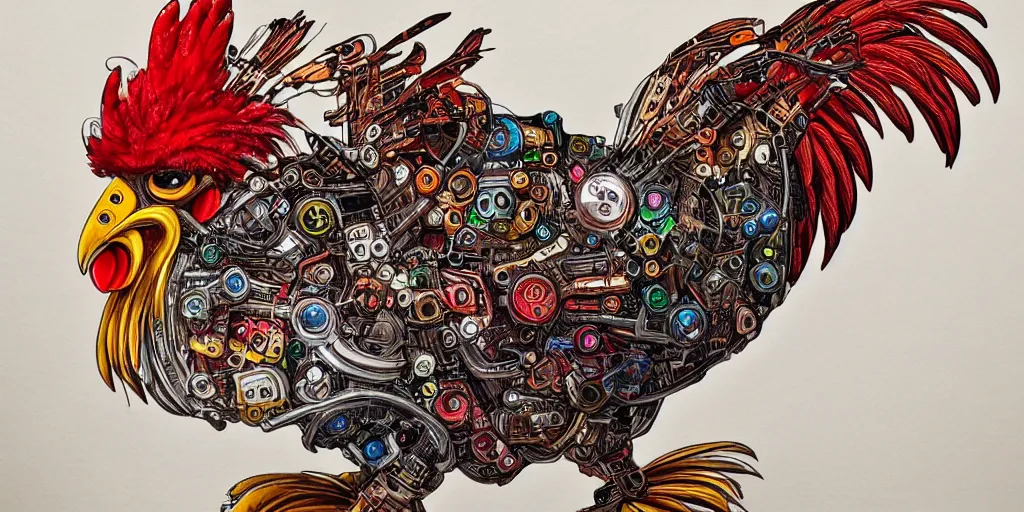 Prompt: colorful illusrtation of a fighting rooster made of car engine parts, schematic, dieselpunk, masterpiece, illustration, hand drawn, intricate, highly detailed