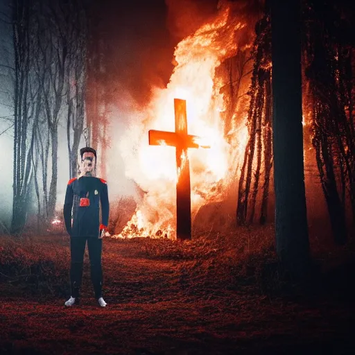 Image similar to robert lewandowski in front of a burning christian cross, night, forest, dark, black