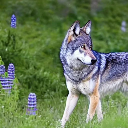 Image similar to Full body photo of a wolf with feathers, real life festhered lupine