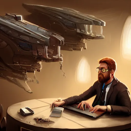Prompt: realistic rich man using laptop in gaming room, artstation trends, sci fi concept art, highly detailed, intricate, sharp focus, digital art, 8 k