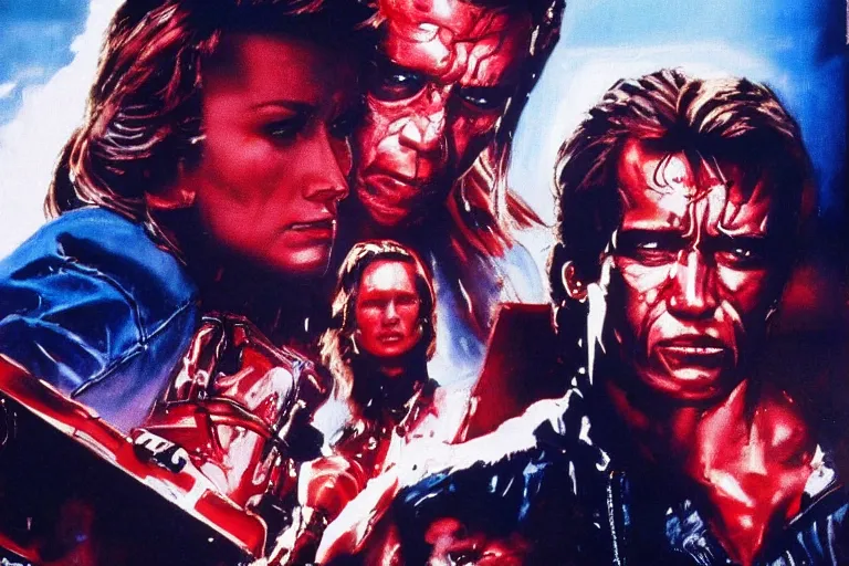 Image similar to terminator 8 0 0 from movie terminator 1 9 8 4, computers on background. high detail, low saturated red and blue light, cinematic colors