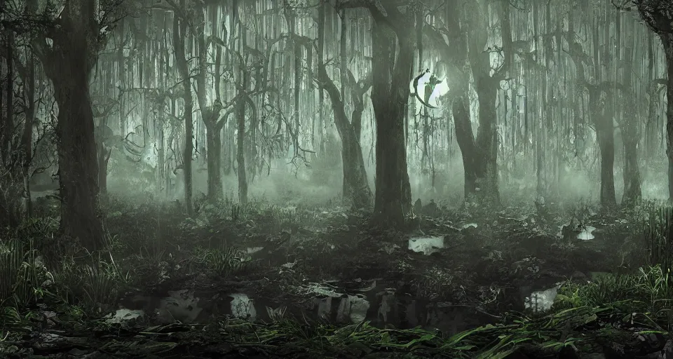 Image similar to A dense and dark enchanted forest with a swamp, by studio 4c