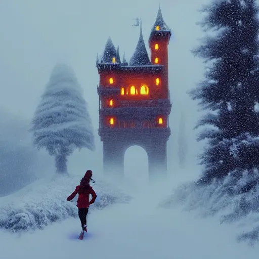 Prompt: woman running from Evil castle, in the snow, scary, foggy, flashlight, portrait, inspired by Evgeny Lushpin,George, greg rutkowski winter,nighttime,cinematic,art station