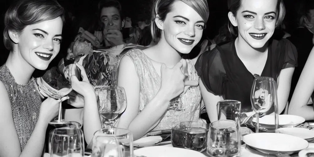 Prompt: b & w photo of emma stone and emma watson having dinner in the 1 9 5 0 s,