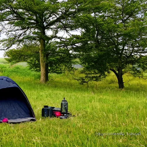 Prompt: steve wallis stealth camping on a big open field