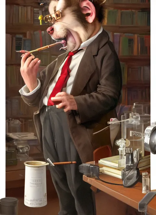 Image similar to oil painting of a cute pet rat dressed as an english professor smoking a pipe, giving a lecture in a university chemistry lab, digital art, artstation, fantasy, cinematic, golden hour fine details by realistic shaded lighting poster by ilya kuvshinov katsuhiro otomo, magali villeneuve, artgerm, jeremy lipkin and michael garmash and rob rey, cartoon