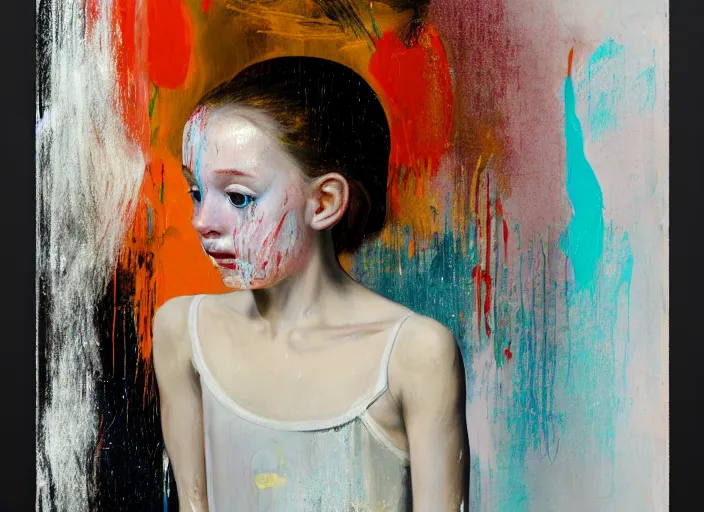 Prompt: portrait of nervous young girl ballerina sitting on the floor focusing in a dance hall by vincent lafevre and francis bacon and pat steir and hilma af klint, psychological, symmetrical face, dripping paint, washy brush, matte painting, rendered in octane, altermodern, masterpiece