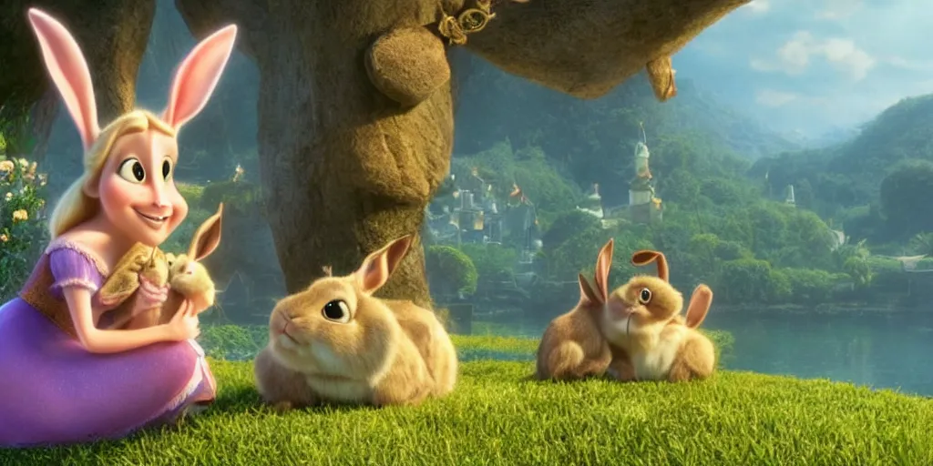 Prompt: a rabbit in the movie tangled, screenshot