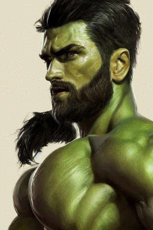 Prompt: the ultimate gigachad, incredibly handsome muscular man with chiseled jawline, black hair, green eyes by Nuri iyem, James gurney, James Jean, Greg Rutkowski, highly detailed, trending on artstation, artstationHD, artstationHQ, 4k, 8k