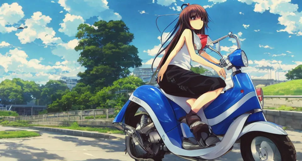 Image similar to close up of a high definition anime girl in a blue honda c90 with armenia quindio in the background , Artwork by Makoto Shinkai, pixiv, 8k, official media, wallpaper, hd