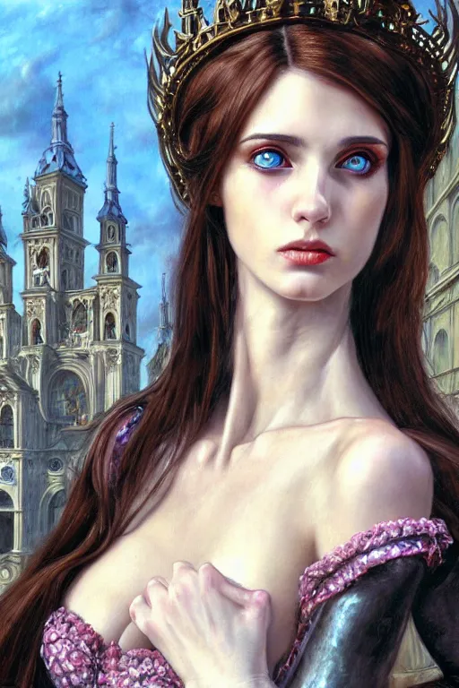 Prompt: high quality extremely detailed closeup portrait of a young attractive female necromancer looking away from the camera, dressed, realistic eyes, sparkle in eyes, no hands visible, baroque architecture in background, fantasy, d & d, intricate, painting by lucian freud and mark brooks, hd