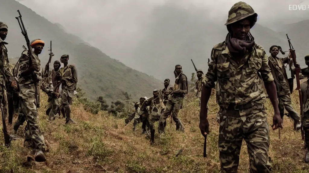 Prompt: Ethiopian civil war and guerilla army in the mountains, moody, dark, movie scene, hd, 4k, wide shot