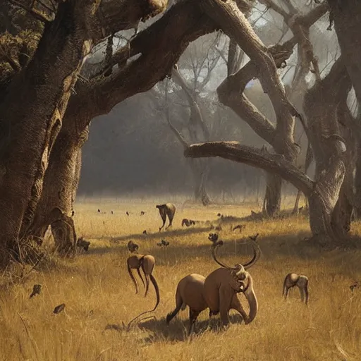 Image similar to manticor in the savanna, oil painting, by Greg Rutkowski