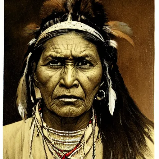 Image similar to head and shoulders portrait of native indian woman, fierce, snarling, fully clothed, three quarter profile, norman rockwell, ryan pancoast