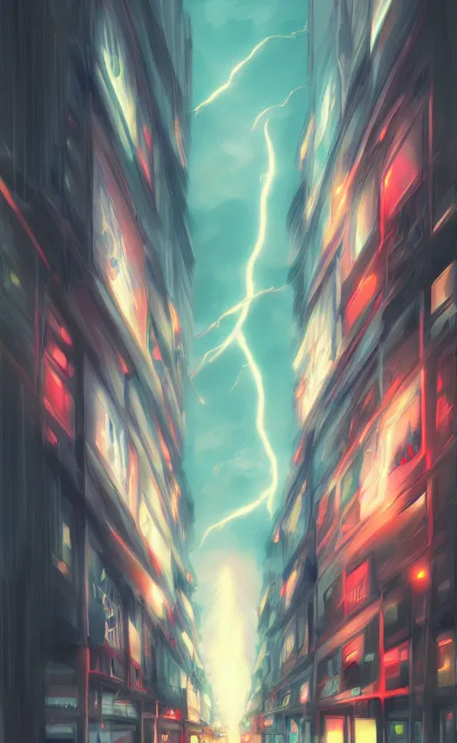 Image similar to tokyo street, lightning bolts in sky, dark sky by artgerm, illustration, trending on artstation, deviantart,