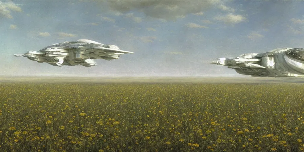 Image similar to Fernand Khnopff super technologies white giant spaceship starship battlestar airship superstructure deck, landed laying in center on tansy wormwood field, mountains afar by Fernand Khnopff by john berkey, oil painting, concept art, interstellar movie