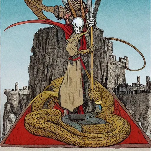 Image similar to A beautiful mixed media art of a horned, red-eyed, skeleton-like creature, with a long black cape, and a staff with a snake wrapped around it, standing in front of a castle atop a cliff. in the USA, Ancient Roman by Charles Robinson, by Terada Katsuya mood, delicate