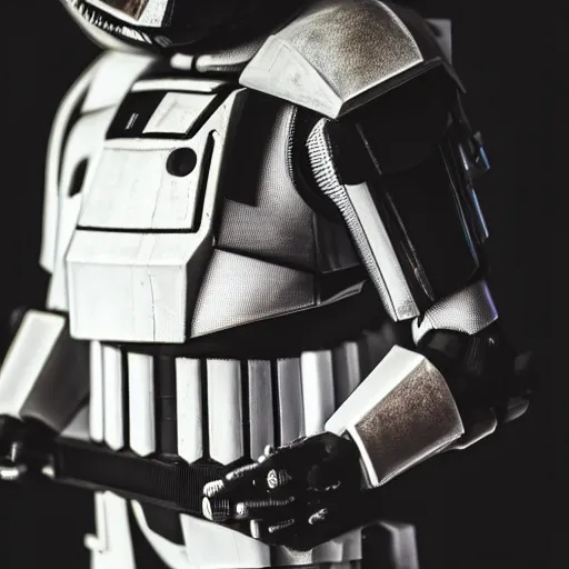 Image similar to close - up cyberpunk stormtrooper, moody lighting, 8 k, shallow depth of field, cinematic lighting,