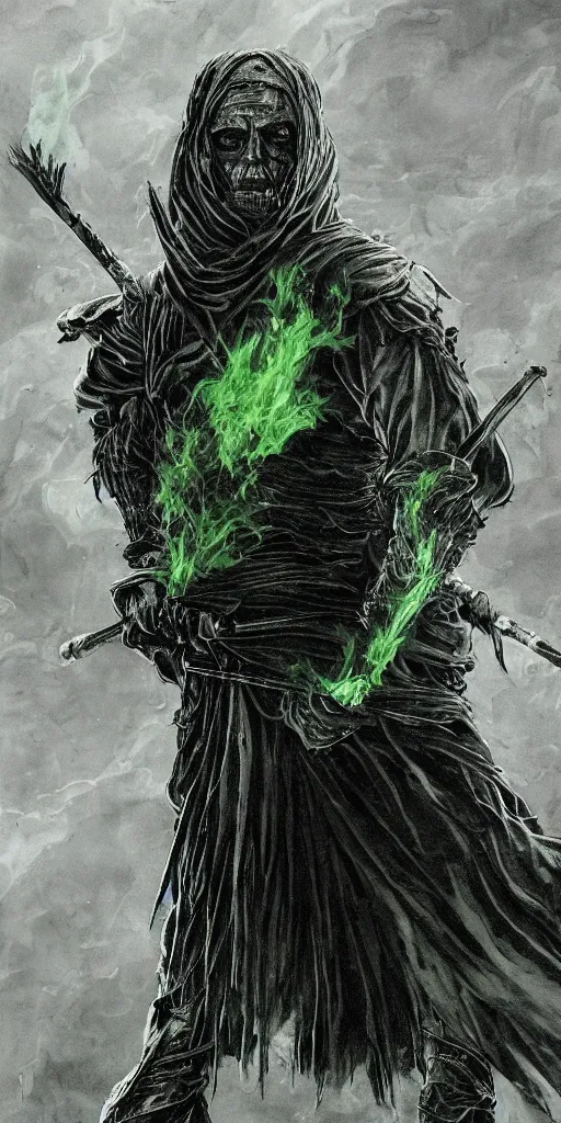 Image similar to a man with a missing an arm holding a spear made of green fire wearing a leather cloak fighting a bad guy made of black smoke, full body, dark colors, sinister atmosphere, dramatic lighting, cinematic, establishing shot, extremely high detail, photo realistic, cinematic lighting, pen and ink, intricate line drawings, by Yoshitaka Amano, Ruan Jia, Kentaro Miura, Artgerm, post processed, concept art, artstation, matte painting, style by eddie mendoza, raphael lacoste, alex ross,